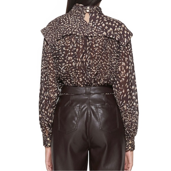 NEW JONATHAN SIMKHAI BROWN PRINTED CHIFFON MOCK NECK TOP - Picture 7 of 9